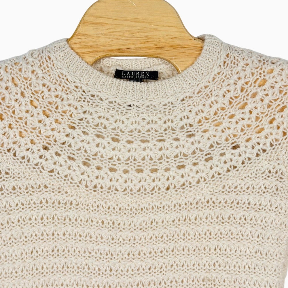 Vintage Ralph Lauren Sweater Women M Cream Crochet Alpaca Wool Knit Fisherman